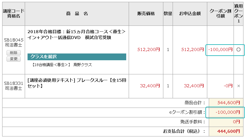 買い物かご クーポン適用後