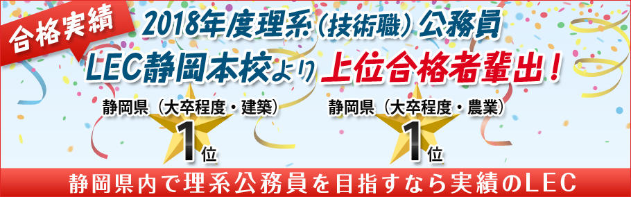 【理系公務員】 2018年度もLEC静岡本校から理系(技術系)公務員 上位合格者を輩出しました!!