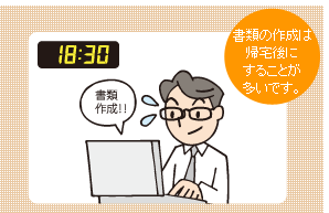 18時半 書類の作成は帰宅後にすることが多いです。